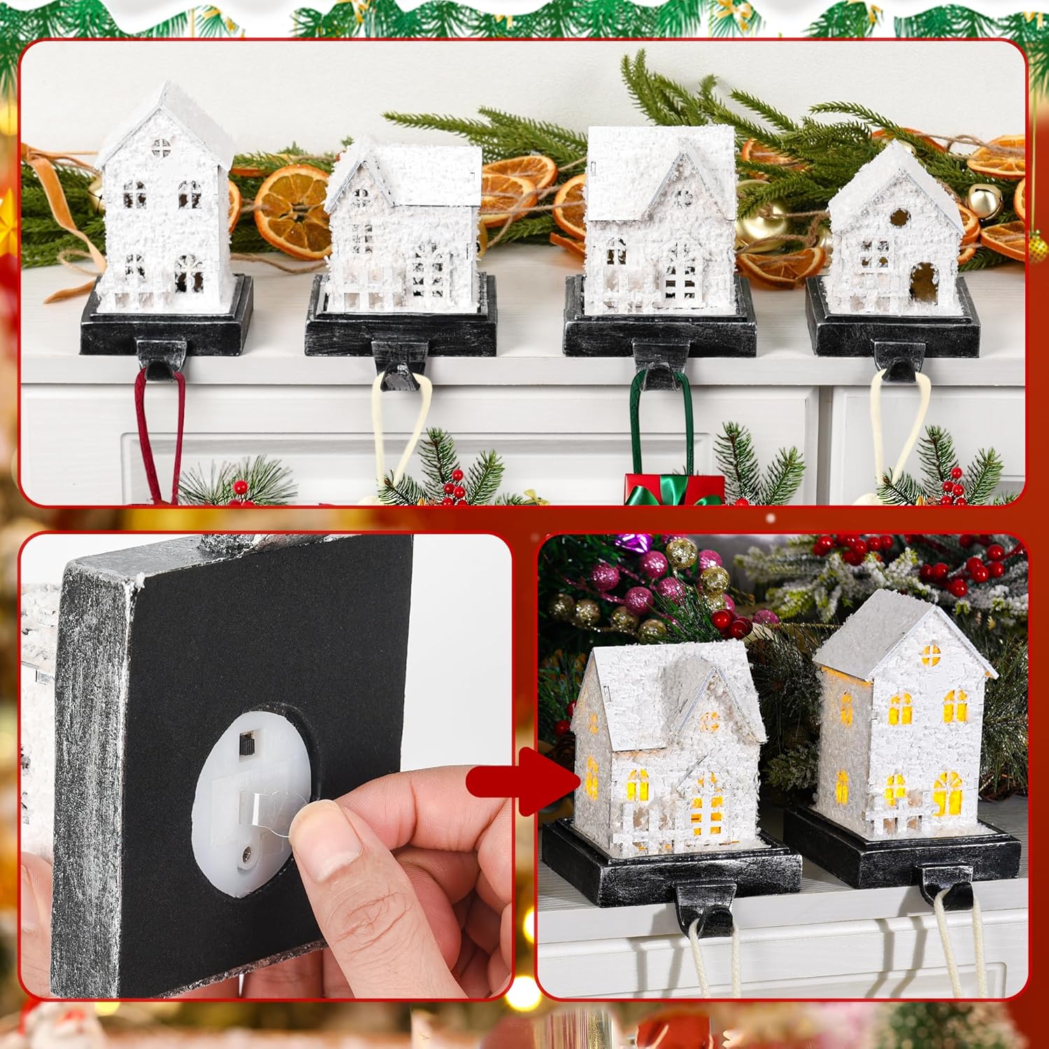 4Pack Lighed Christmas Stocking Holders, White Wooden House Hangers for Mantle, Weighted Anti-Slip Stocking Hooks for Xmas Winter